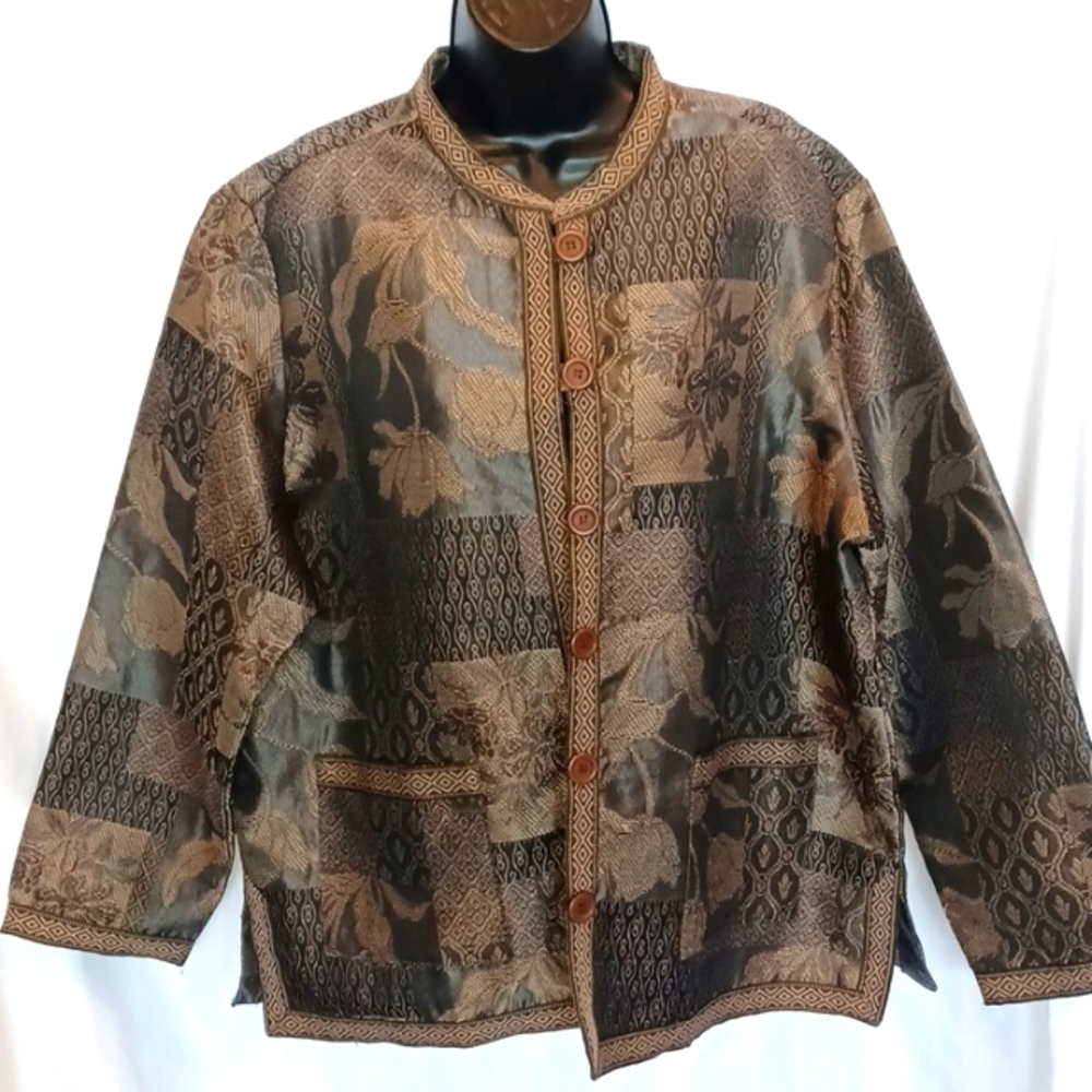 Tudor Court Tapestry Brocade mandarin style collar jacket sz XL